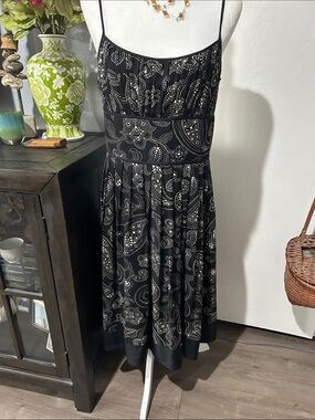 Ann Taylor Silk Black Midi Dress with White Paisley Dots